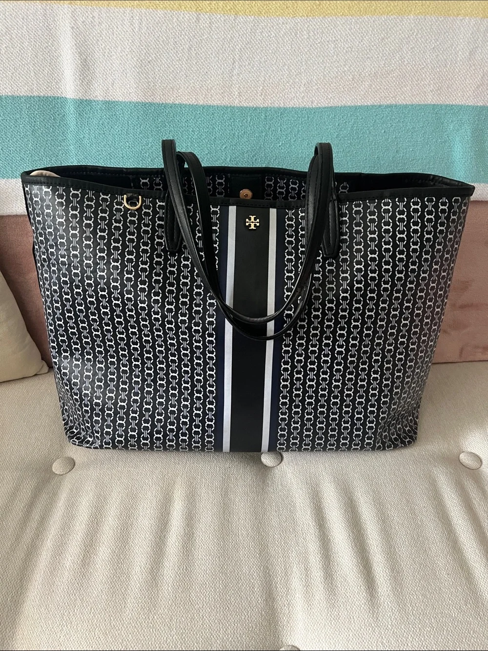 Tory Burch Black Monogram Stripe Tote with Center Plaque